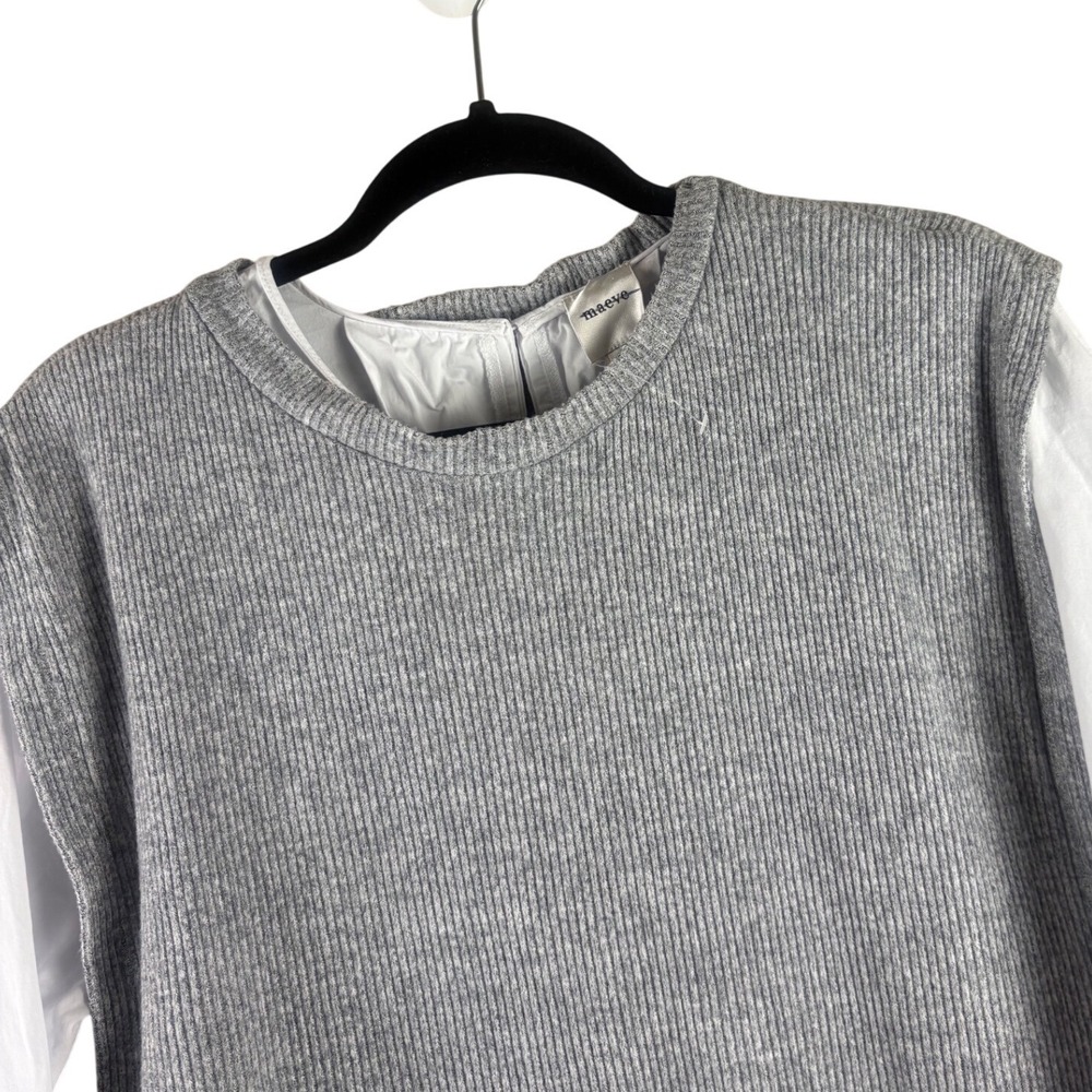 Maeve Anthropologie Twofer Ribbed Sweater Poplin Shirt Layered Top Grey White M - Picture 5 of 9